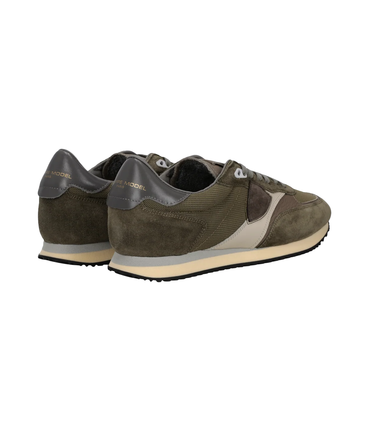 Philippe Model Blville Low Man in Mondial Vert Mud angled back view in pair featuring mesh, suede and leather upper