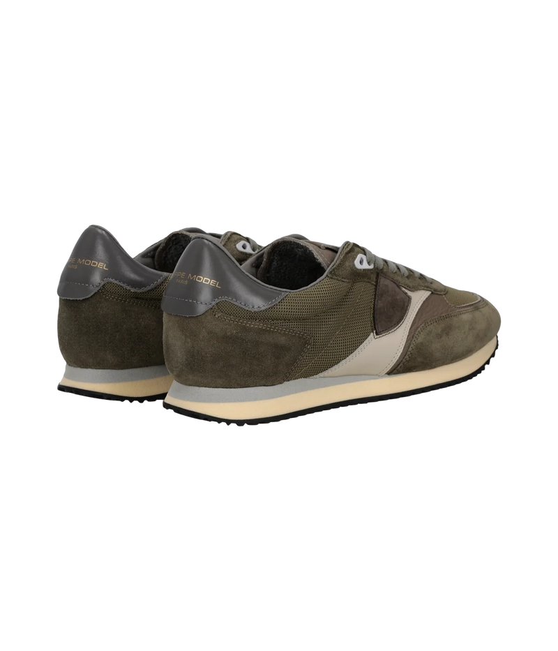 Philippe Model Blville Low Man in Mondial Vert Mud angled back view in pair featuring mesh, suede and leather upper