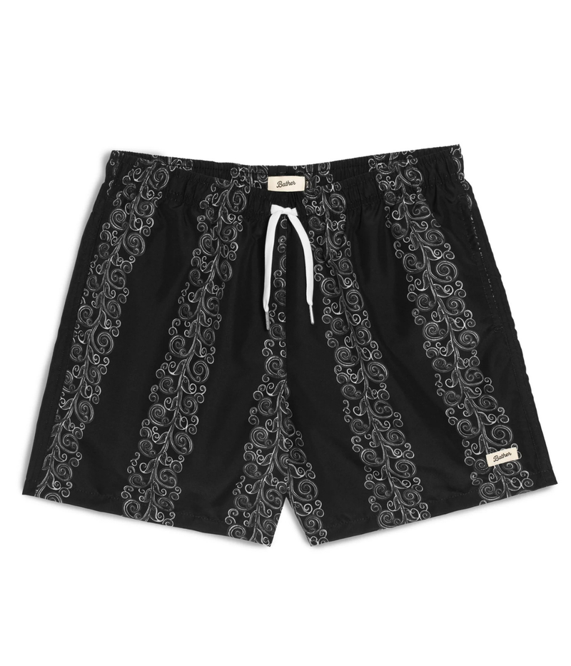 Bather Black Fiesta Swim Trunk in Black flat lay featuring the Fiesta print and elastic waistband
