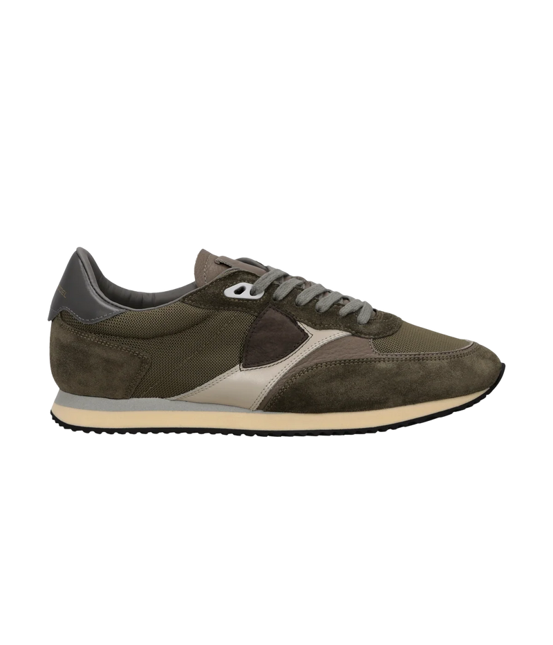 Philippe Model Blville Low Man in Mondial Vert Mud side view featuring mesh, suede and leather upper