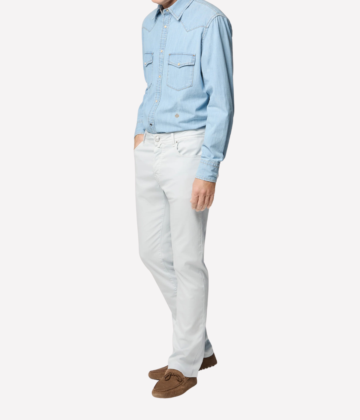 Jacob Cohen Bard Slim Fit Pant 5 PKT in X75 Azure Suede Patch - front model shot