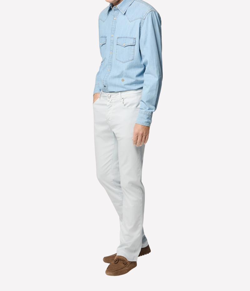 Jacob Cohen Bard Slim Fit Pant 5 PKT in X75 Azure Suede Patch - front model shot