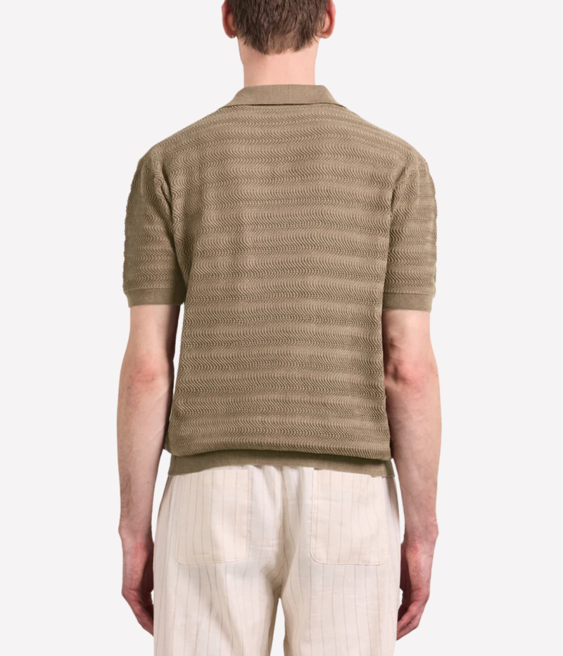Frescobol Carioca Rino Cotton Jacquard Wave Short Sleeve Knit Polo in Light Brown – Back View Jacquard Knit Polo