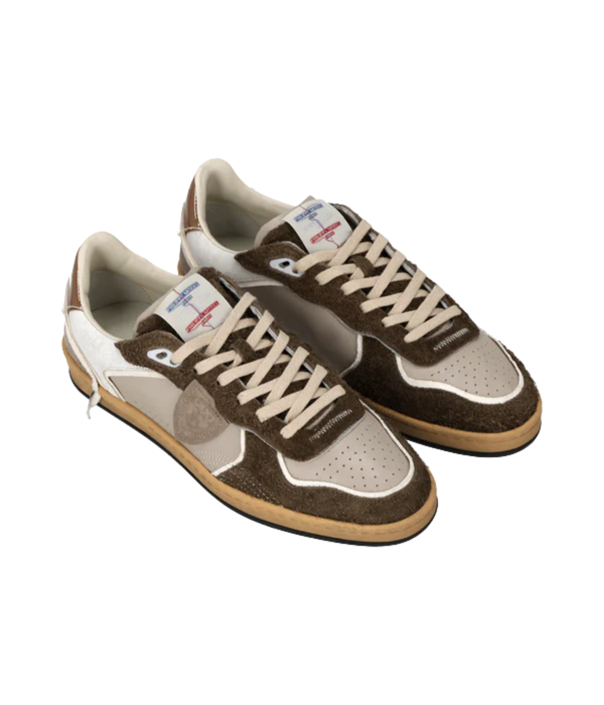 Philippe Model Pgal Low Man in Veau Mixage Event Mud Militair angled side view in pair featuring leather and suede upper