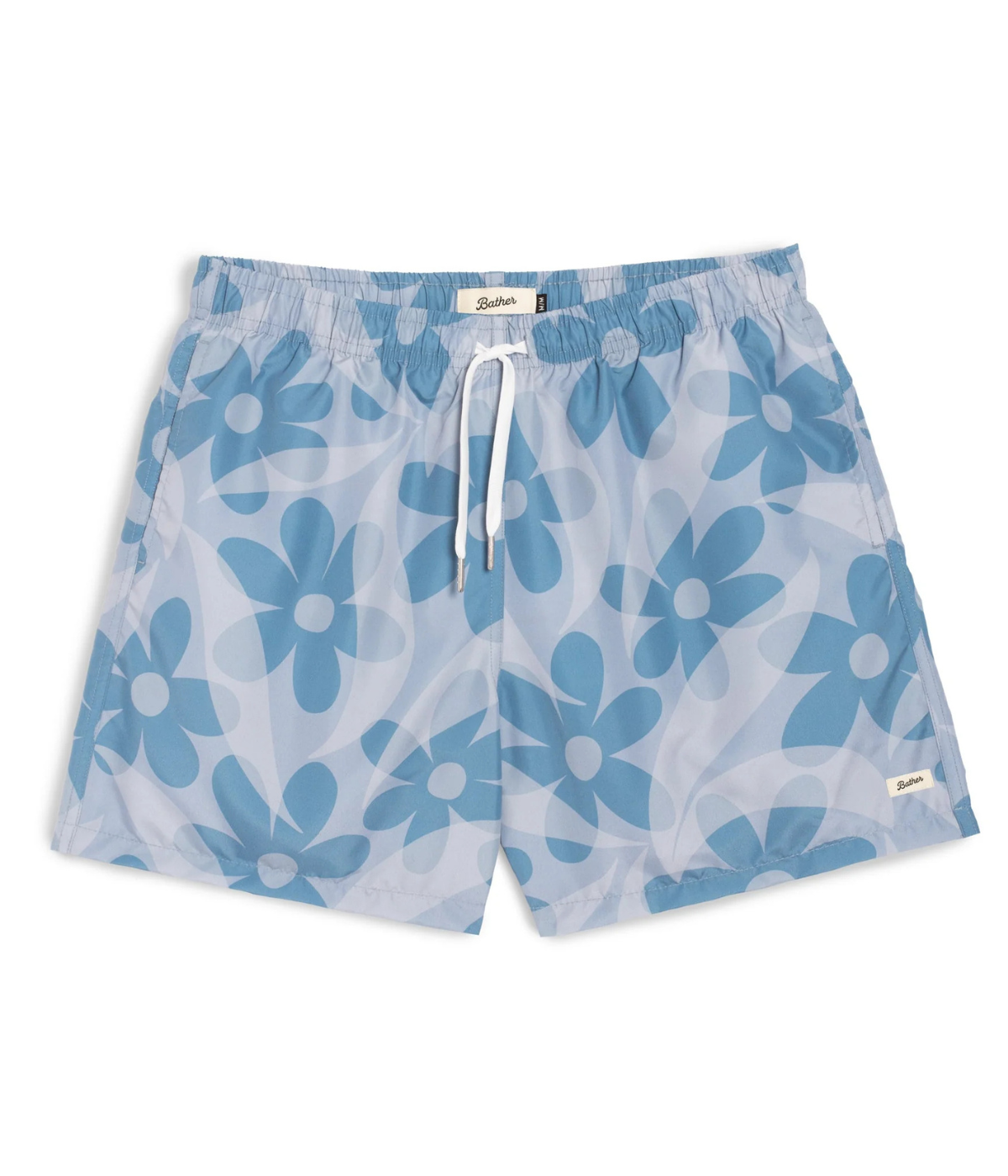 Bather Grotto Daisy Trip Swim Trunk in Blue flat lay showing tonal daisy print and elastic waistband