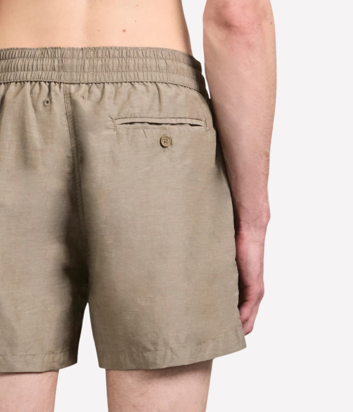 Frescobol Carioca Rio Linen Blend Swim Short in Palm Green – Back View Drawstring Swim Shorts