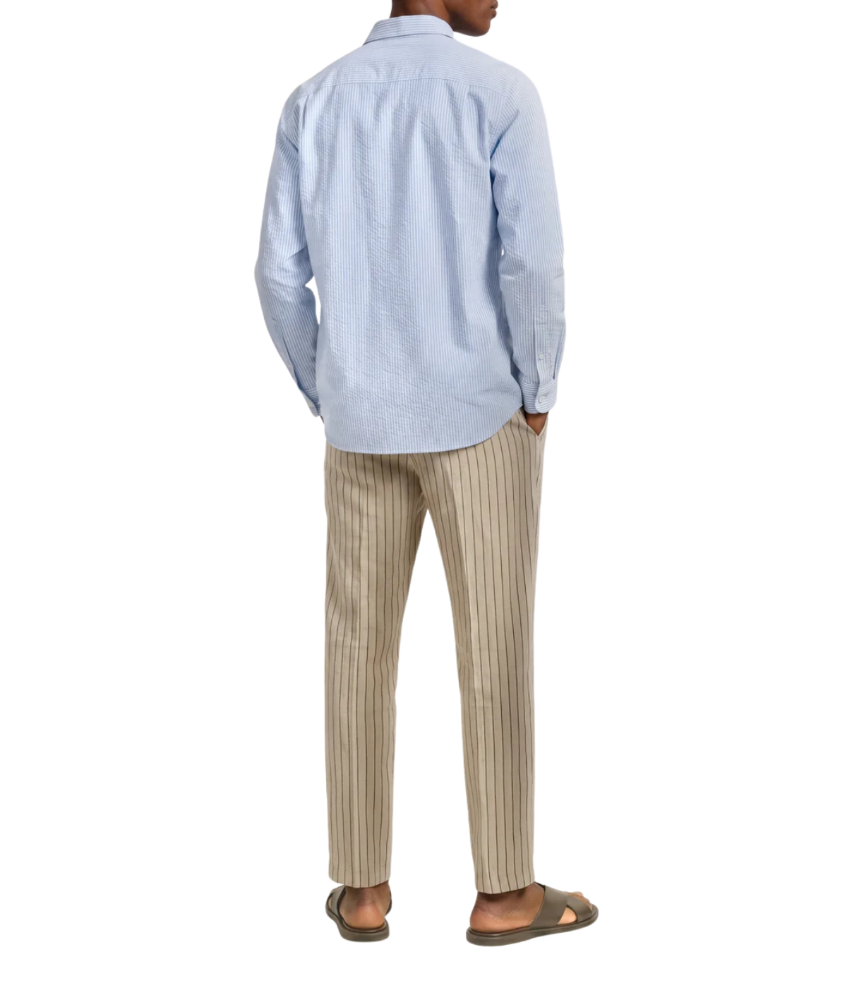 Orlebar Brown Justin Seersucker Stripe Shirt in Surfside Blue & Thasos Beach back view on model.