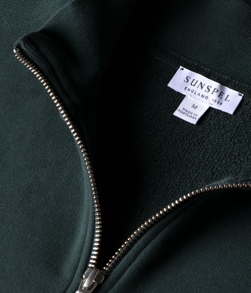 Holly green Sunspel Loopback Half-Zip Sweatshirt with a relaxed fit, crafted from soft loopback fabric featuring a sleek zip detail and insulating warmth.