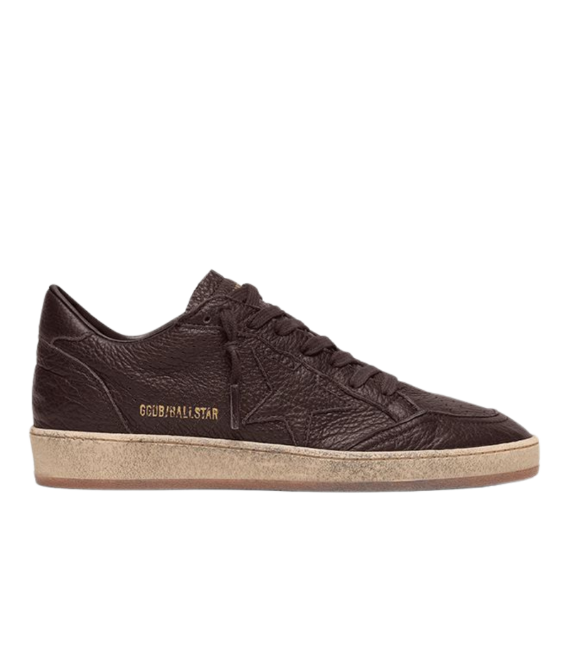 Golden Goose Ball Star low-top sneakers in dark brown leather with tonal leather star and vintage-inspired sole, side profile.