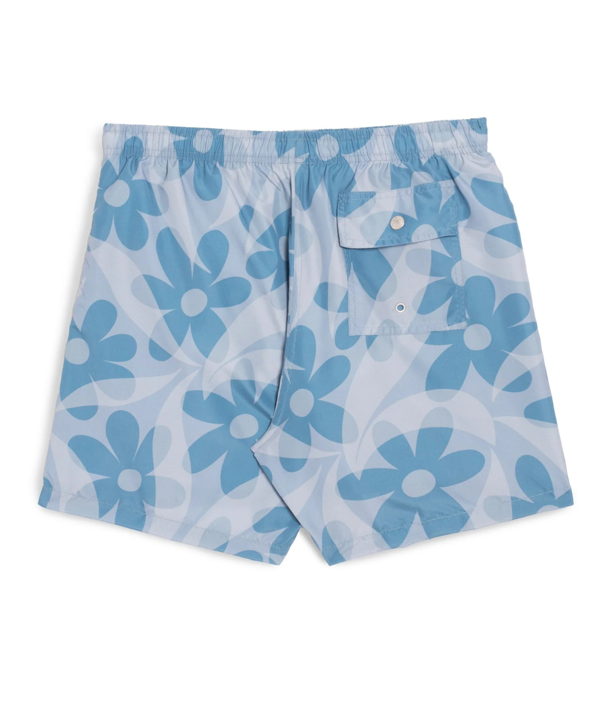 Back flat lay of Bather Grotto Daisy Trip Swim Trunk in Blue featuring snap back pocket detail