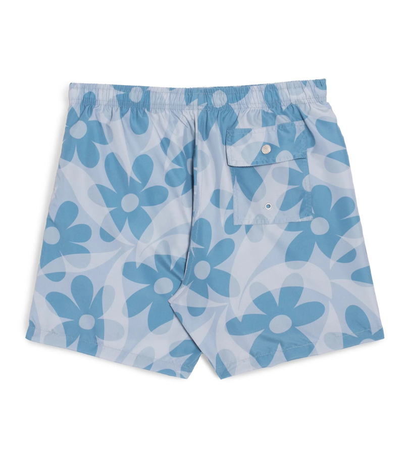 Back flat lay of Bather Grotto Daisy Trip Swim Trunk in Blue featuring snap back pocket detail