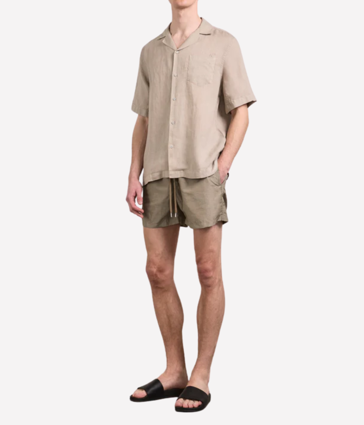 Frescobol Carioca Rio Linen Blend Swim Short in Palm Green – Front View on model Drawstring Swim Shorts