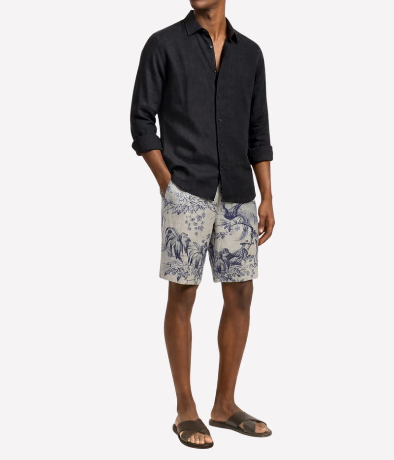 Orlebar Brown Laurent Linen Zephra Short in Aero Blue front view on model.