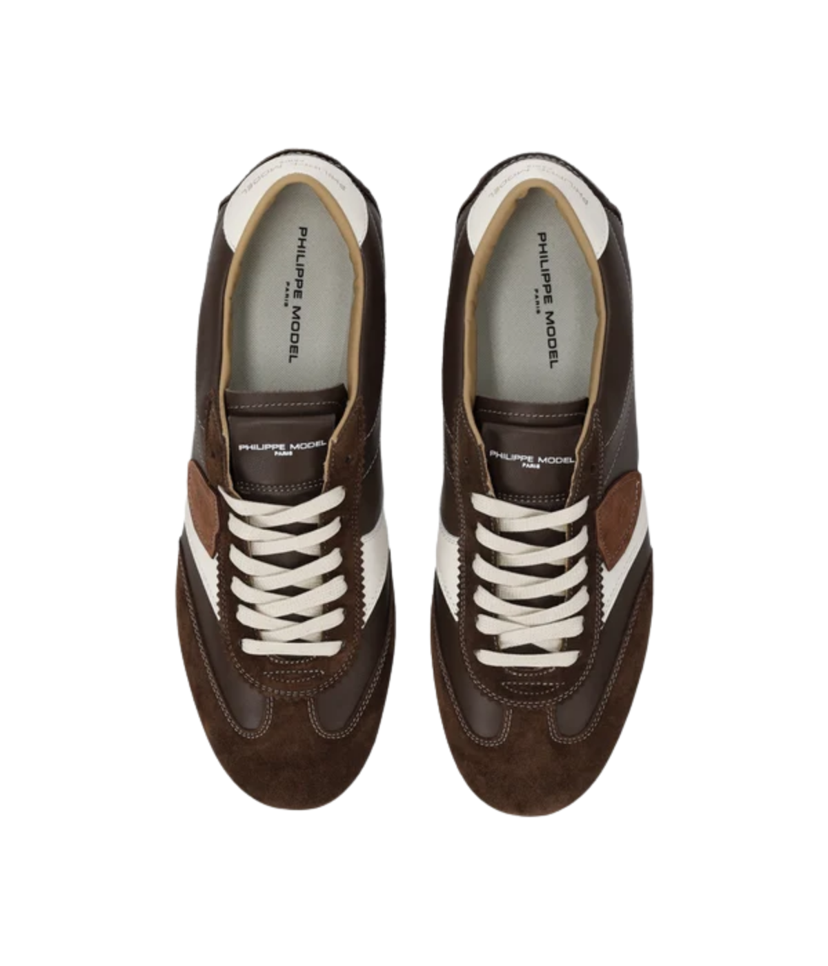 Philippe Model Planche Low Man in Veau Daim Marron top view in pair featuring leather upper, suede inserts and embossed shield