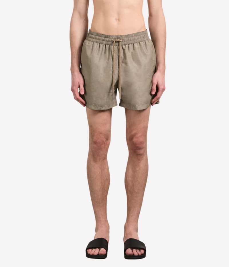 Frescobol Carioca Rio Linen Blend Swim Short in Palm Green – Front View Drawstring Swim Shorts