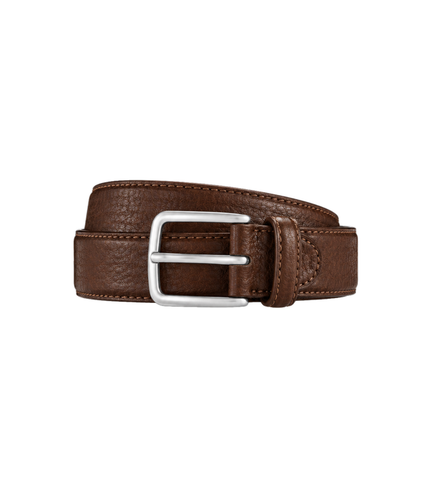 Calexico Man Edwardo Belt in Brown, rolled front view showing the silver-tone buckle