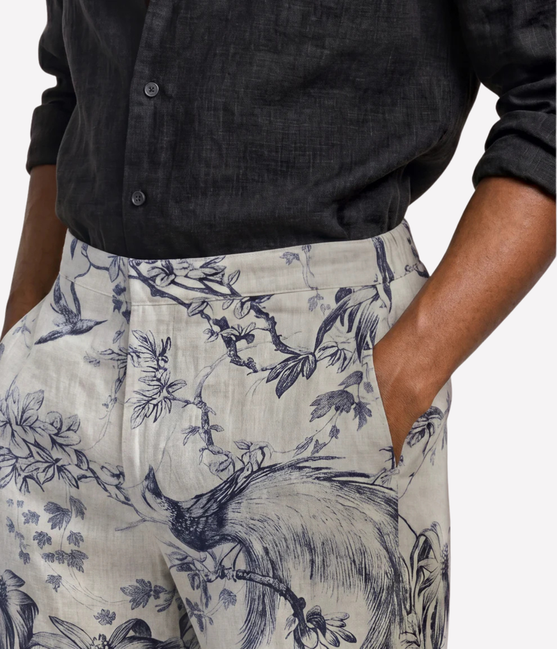 Orlebar Brown Laurent Linen Zephra Short in Aero Blue close-up of the Zephra print.