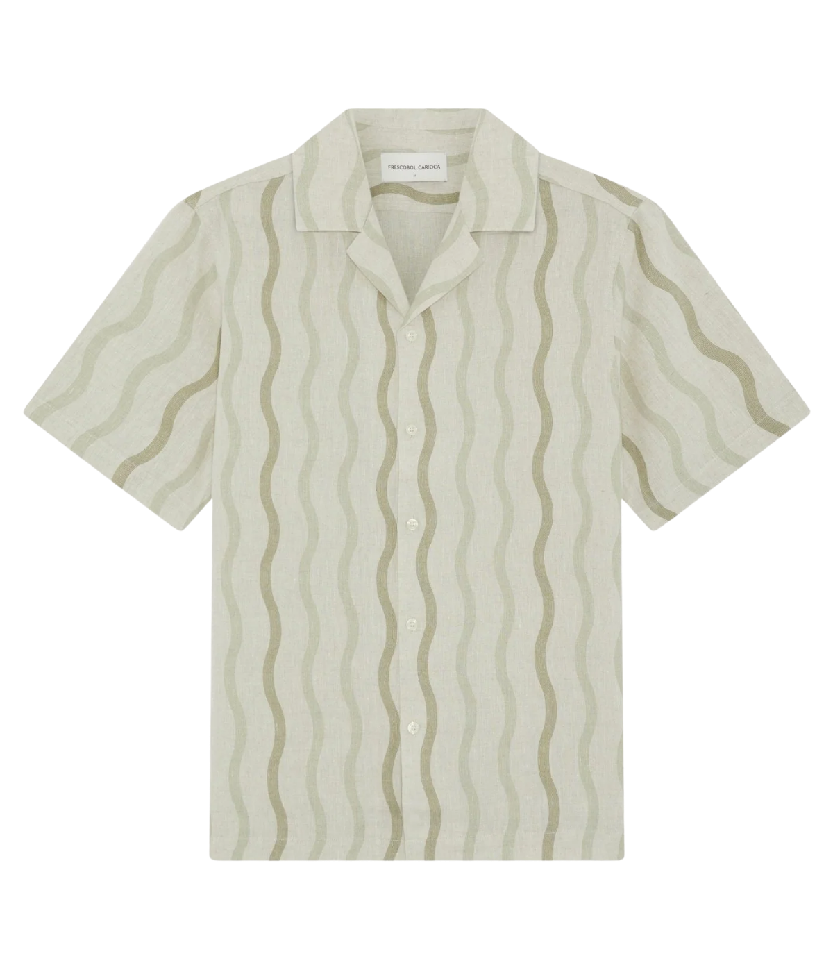 Frescobol Carioca Roberto Linen Short Sleeve Shirt in Palm Green featuring an all-over Cabana Pinstripe print, camp collar and relaxed fit - Product Shot