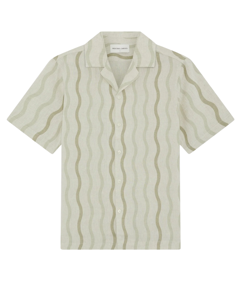 Frescobol Carioca Roberto Linen Short Sleeve Shirt in Palm Green featuring an all-over Cabana Pinstripe print, camp collar and relaxed fit - Product Shot