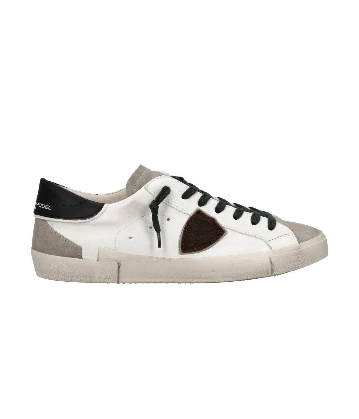 Philippe Model Prsx Low Man in Vintage Mixage Blanc Noir side view featuring leather and suede upper with signature shield