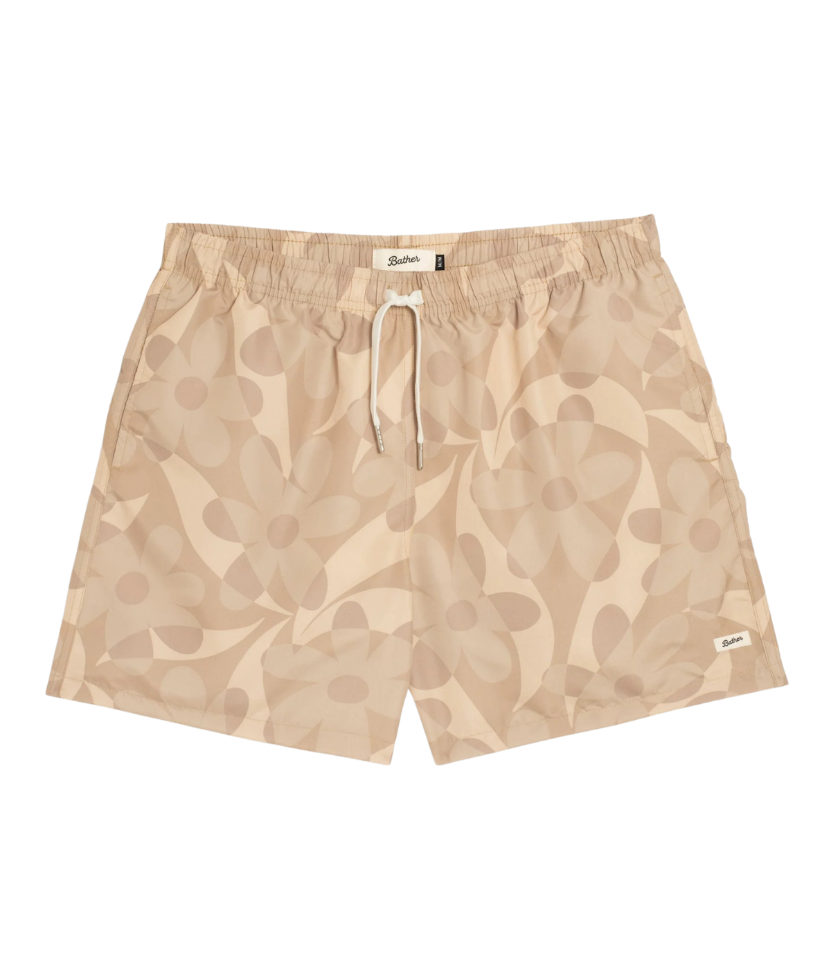 Bather Birch Daisy Trip Swim Trunk in Natural flat lay showing all-over daisy print and elastic waistband