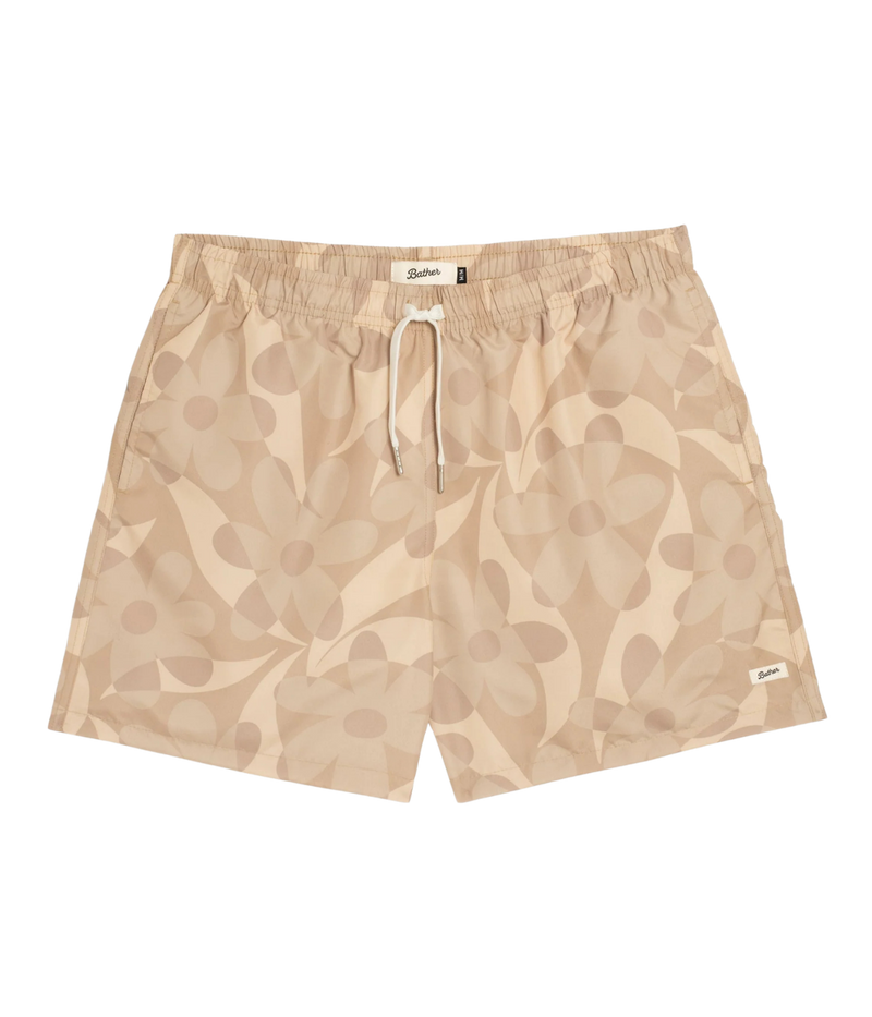 Bather Birch Daisy Trip Swim Trunk in Natural flat lay showing all-over daisy print and elastic waistband