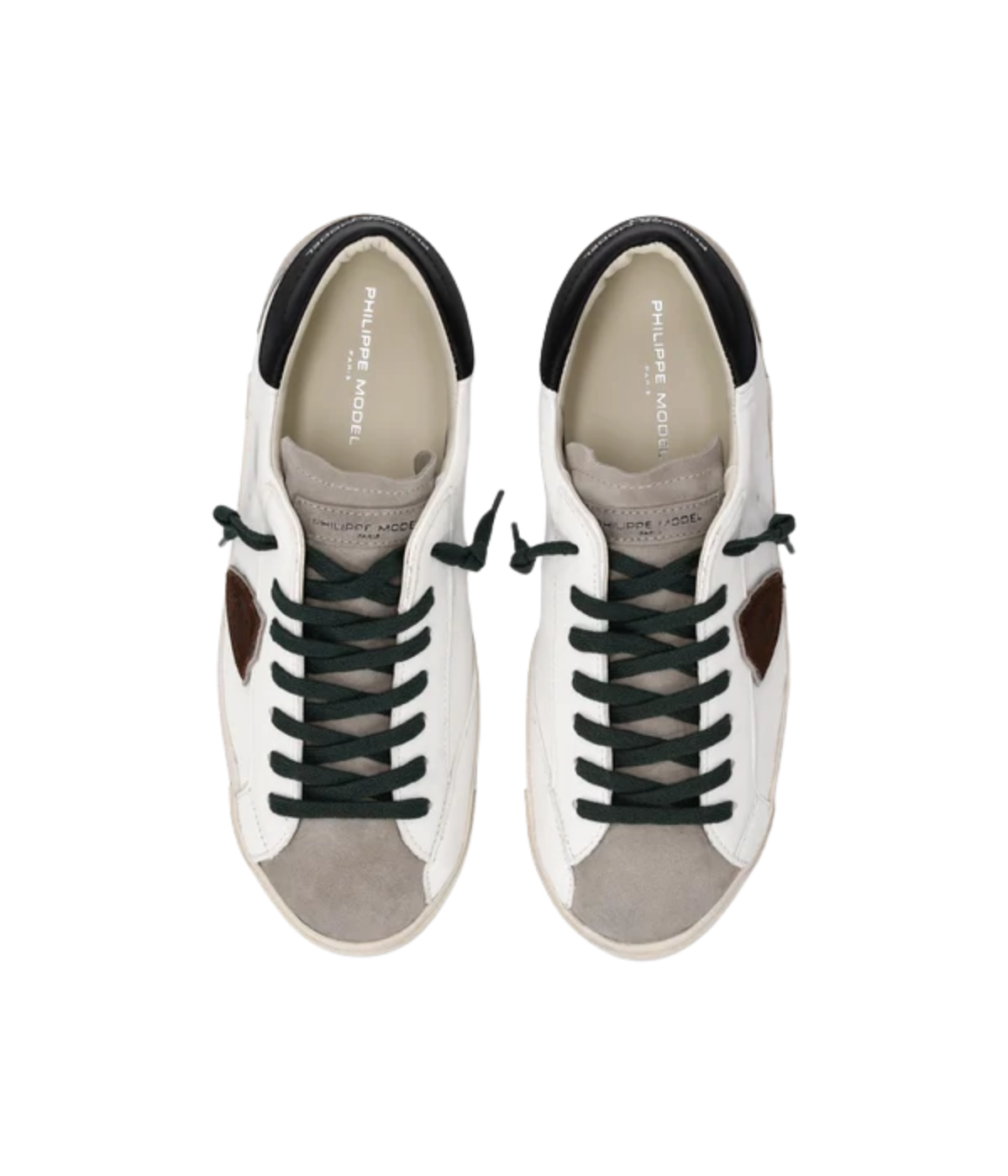 Philippe Model Prsx Low Man in Vintage Mixage Blanc Noir top view in pair featuring leather and suede upper with signature shield