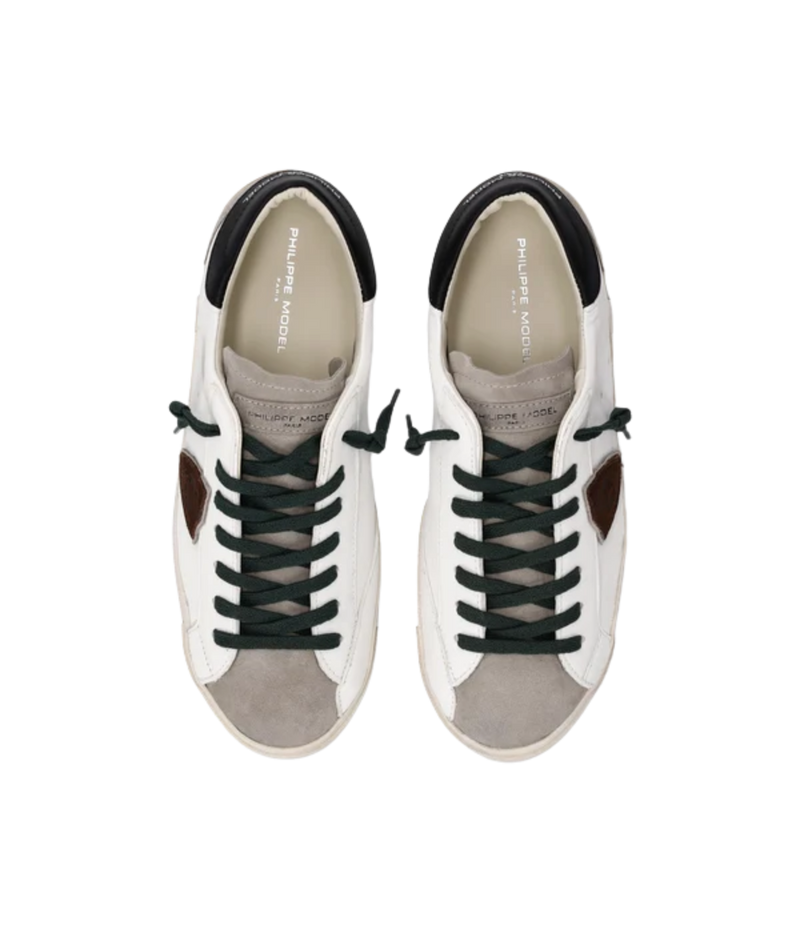 Philippe Model Prsx Low Man in Vintage Mixage Blanc Noir top view in pair featuring leather and suede upper with signature shield