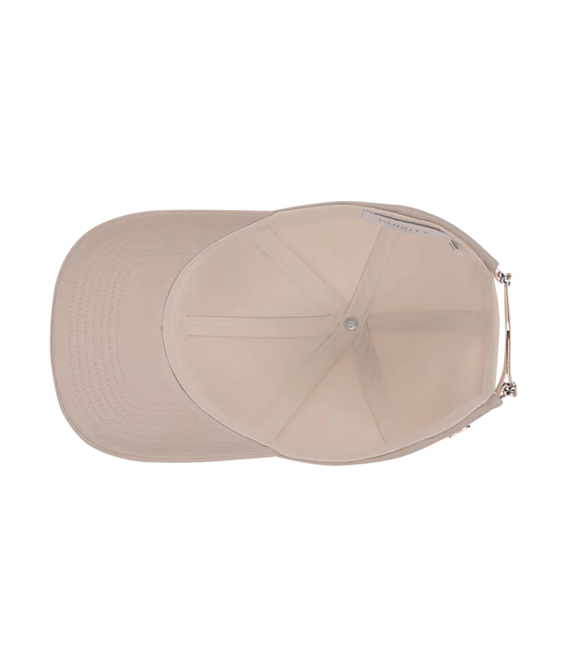 Inside view of Varsity Headwear Cotton Twill Legacy Structured Cap in Latte Beige showing the taped seams, lining and underside of the brim
