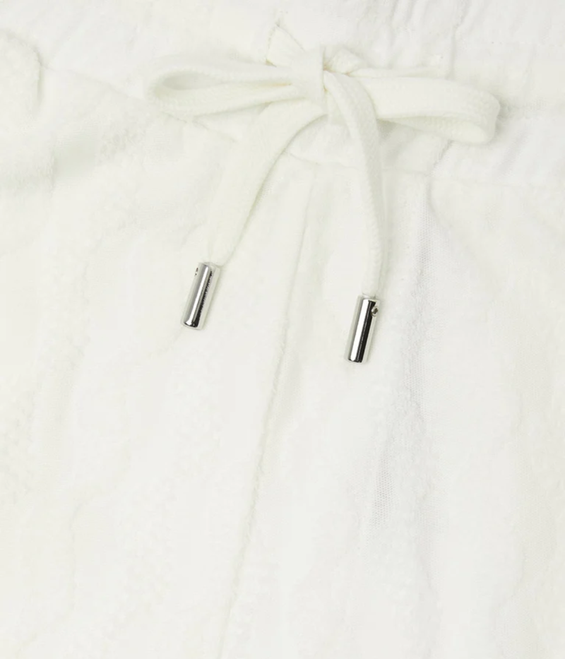 Frescobol Carioca Augusto Listra Jacquard Terry Shorts in Cream featuring a textured jacquard finish, elasticated drawstring waist and relaxed fit - Closeup Shot on Waistline