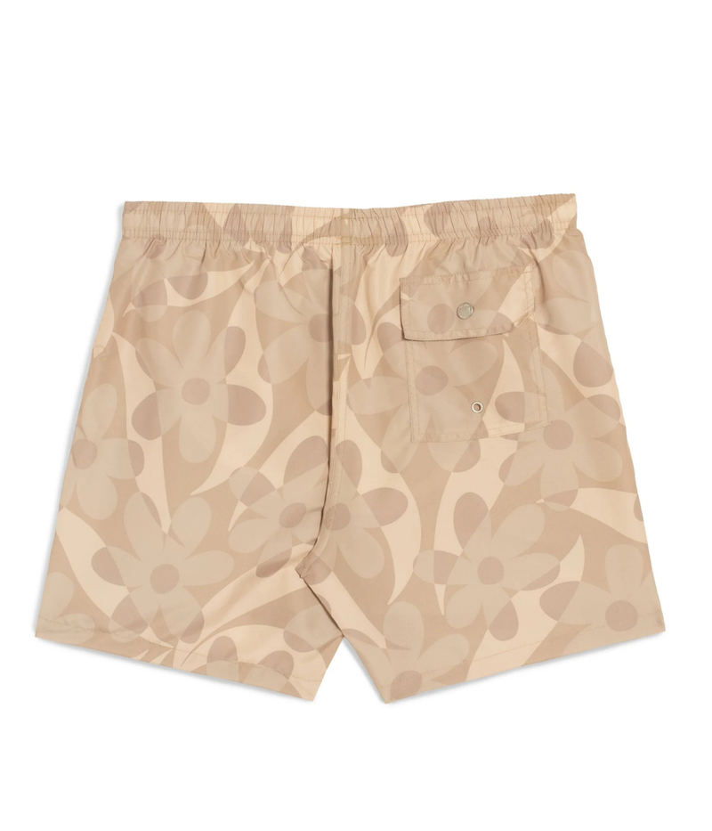 Bather Birch Daisy Trip Swim Trunk in Natural flat lay back view featuring snap-closure back pocket and tonal floral print