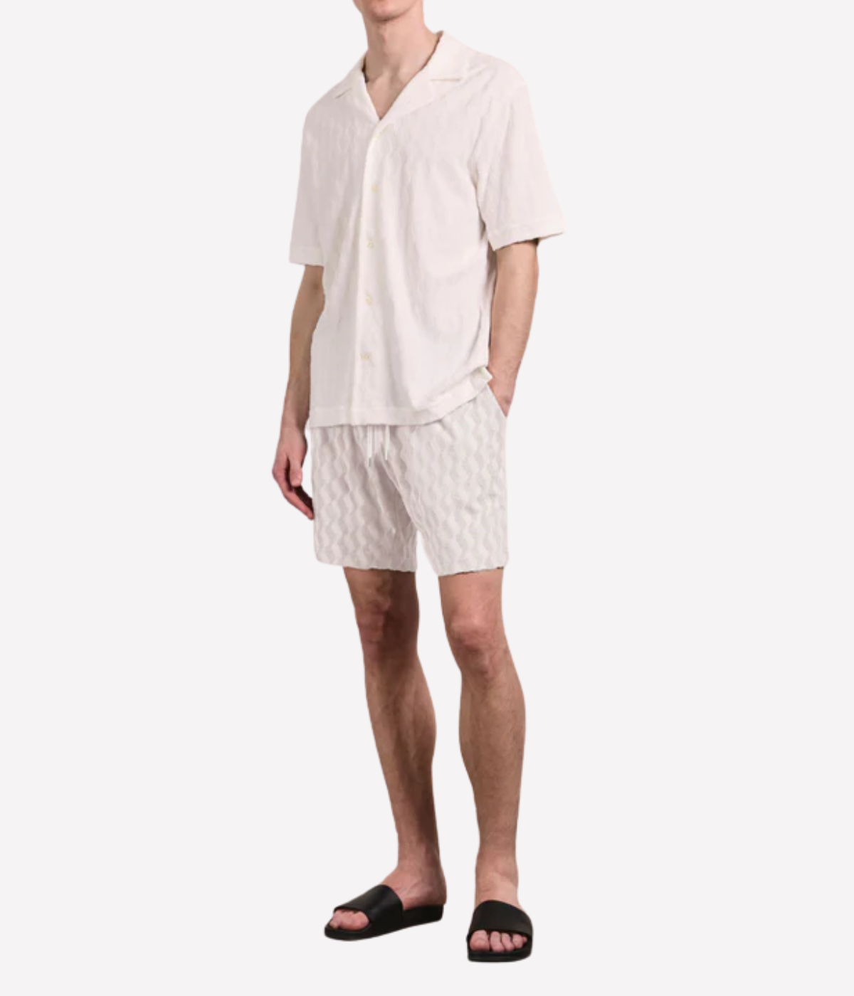 Frescobol Carioca Augusto Listra Jacquard Terry Shorts in Cream featuring a textured jacquard finish, elasticated drawstring waist and relaxed fit - Full Length Front Shot