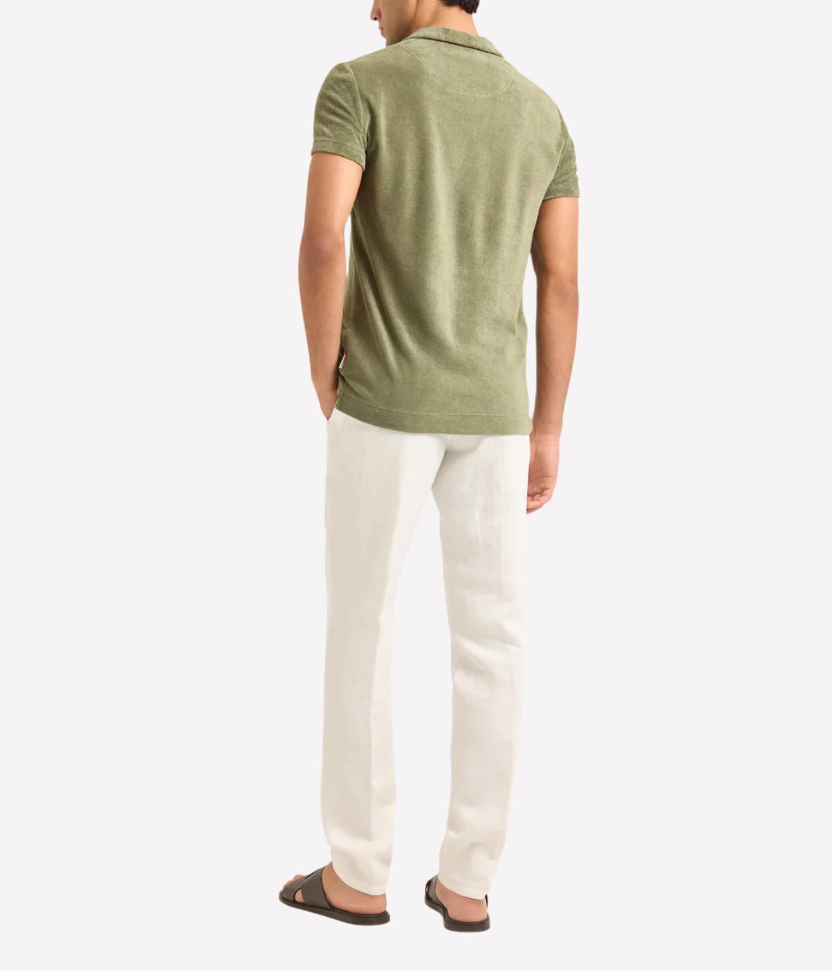 Orlebar Brown Terry Towelling Polo in Herbal Green back view on model.