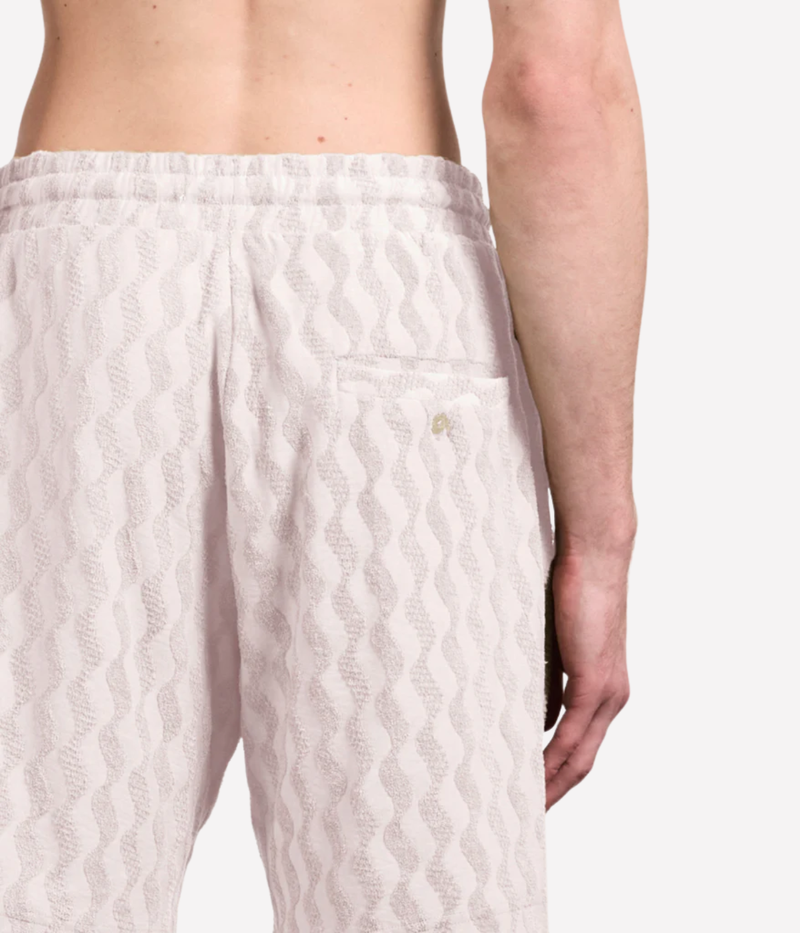 Frescobol Carioca Augusto Listra Jacquard Terry Shorts in Cream featuring a textured jacquard finish, elasticated drawstring waist and relaxed fit - Closeup Back Shot