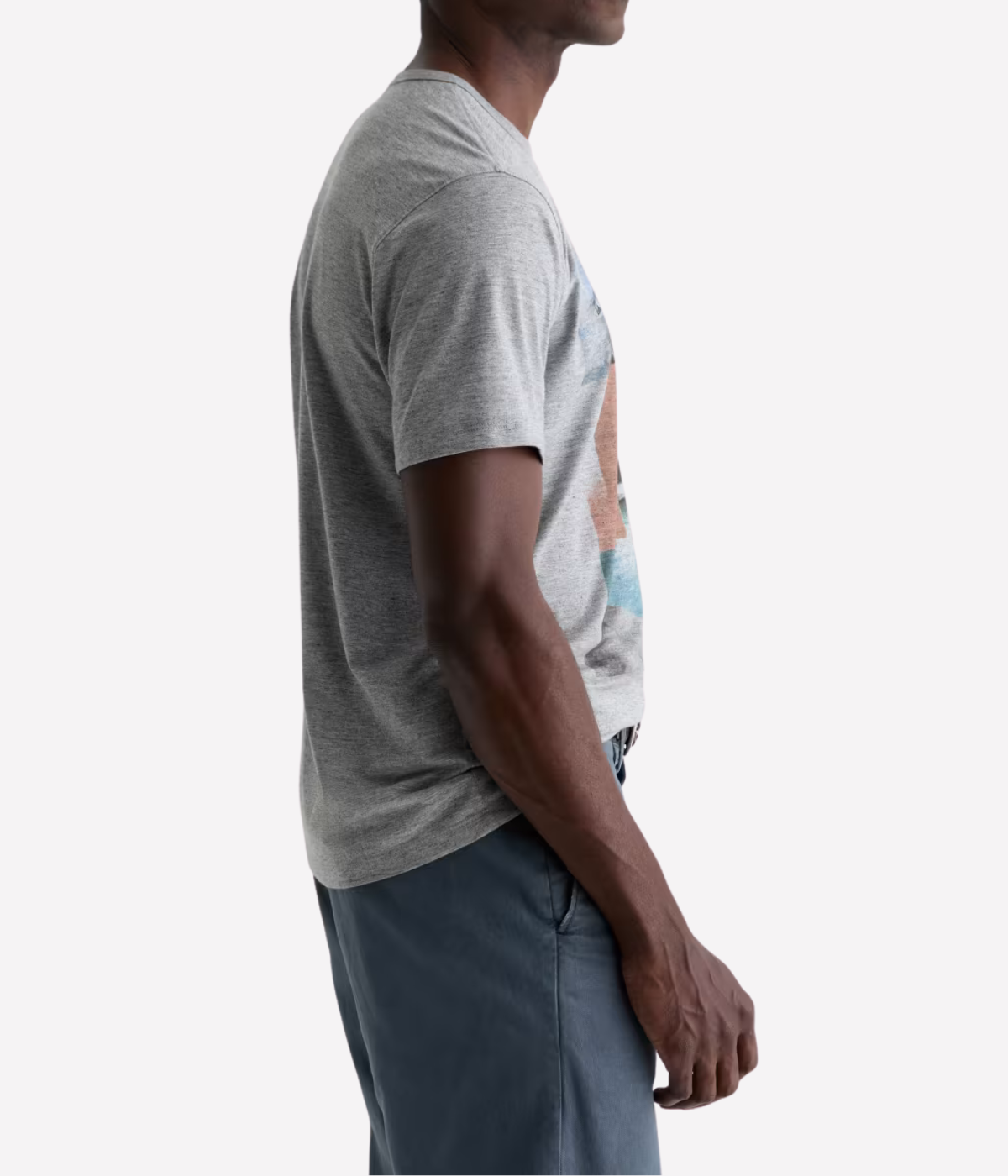 AG Bryce Crew in Poolside View Heather Grey worn on model - side view