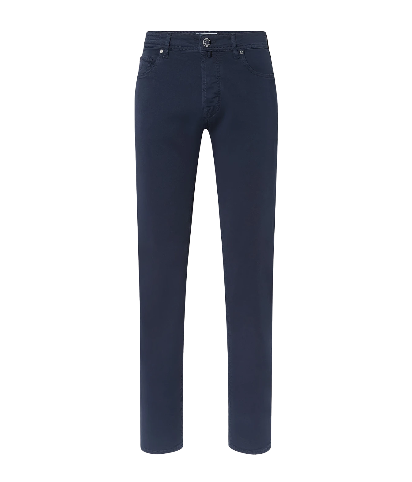 A pair of dark navy blue straight-leg jeans shown flat against a solid white background.