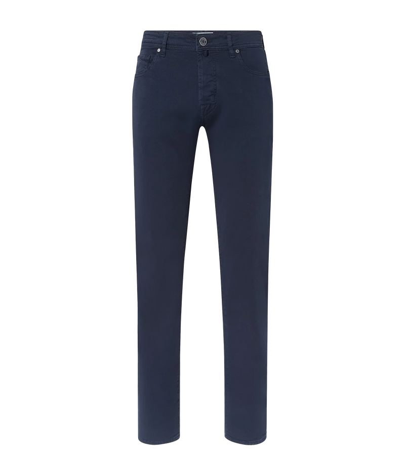 A pair of dark navy blue straight-leg jeans shown flat against a solid white background.
