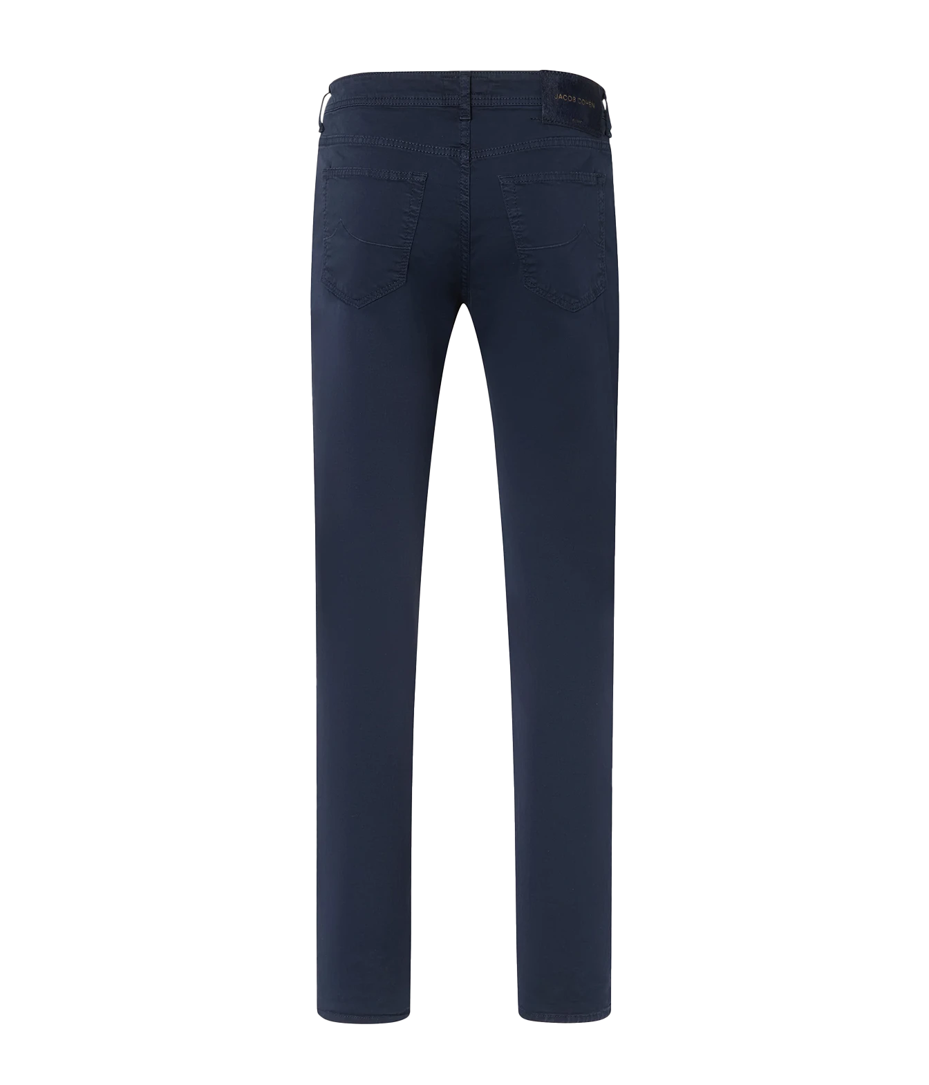 A pair of dark navy blue slim-fit jeans shown from the back, featuring a standard five-pocket design and belt loops, photographed on a solid white background.