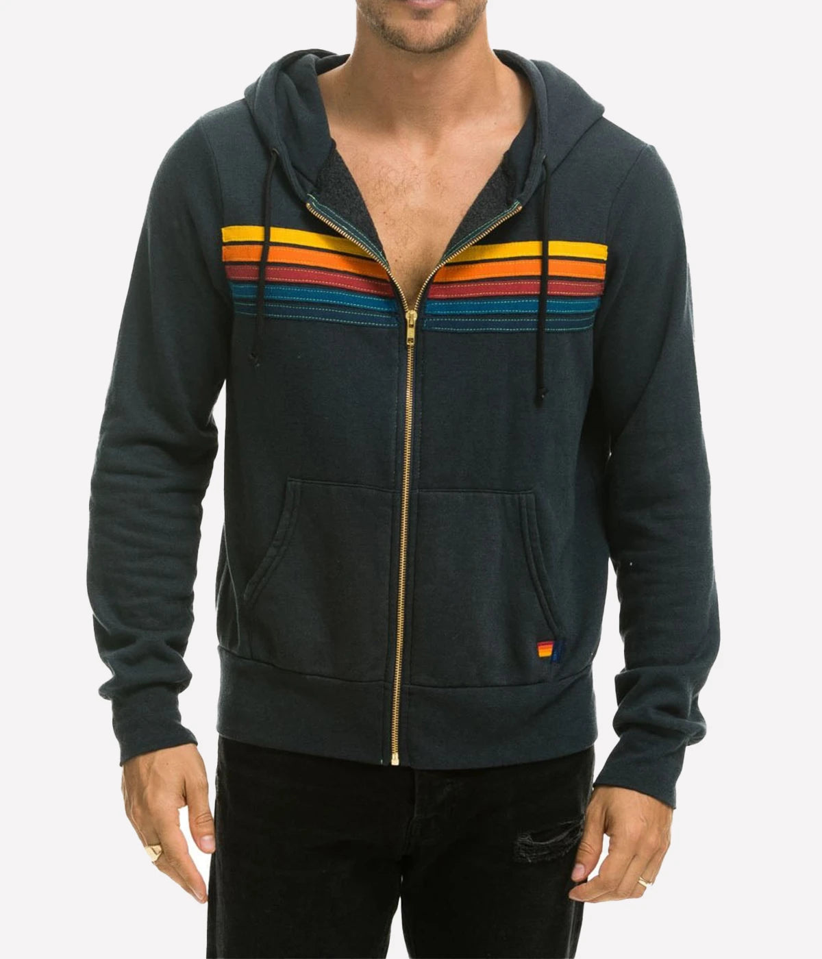 Aviator Nation 5 Stripe Hoodie in a polyester-cotton-rayon blend, featuring unique single-needle stitch work, made in Los Angeles