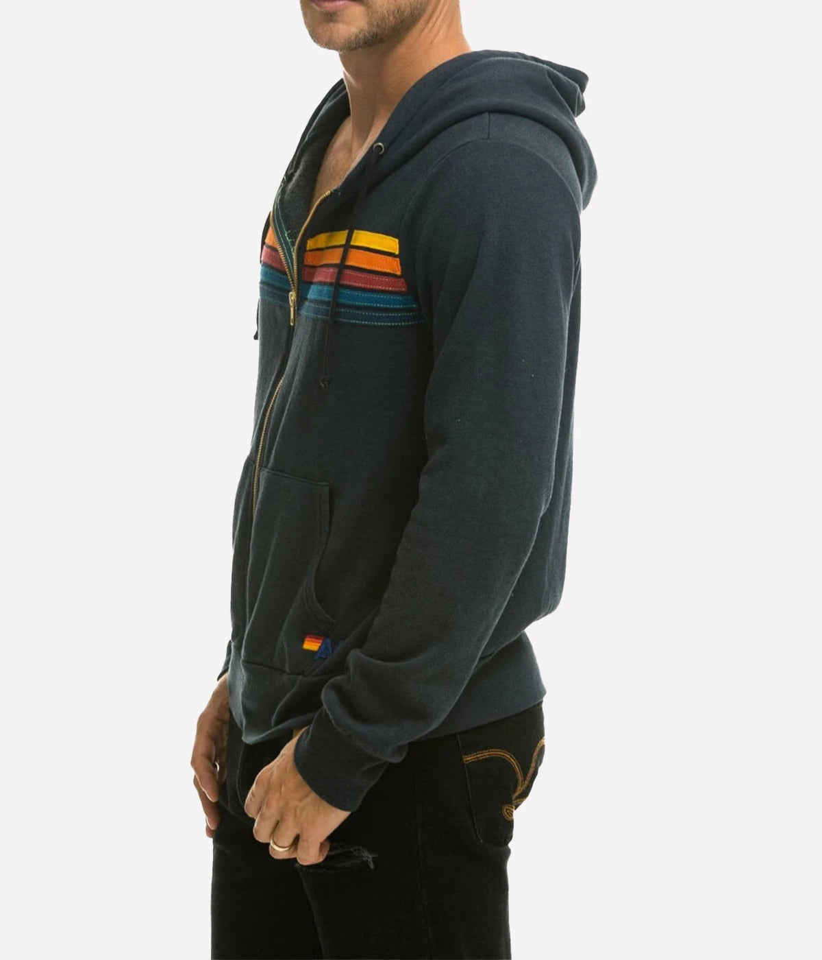 Aviator Nation 5 Stripe Hoodie in a polyester-cotton-rayon blend, featuring unique single-needle stitch work, made in Los Angeles