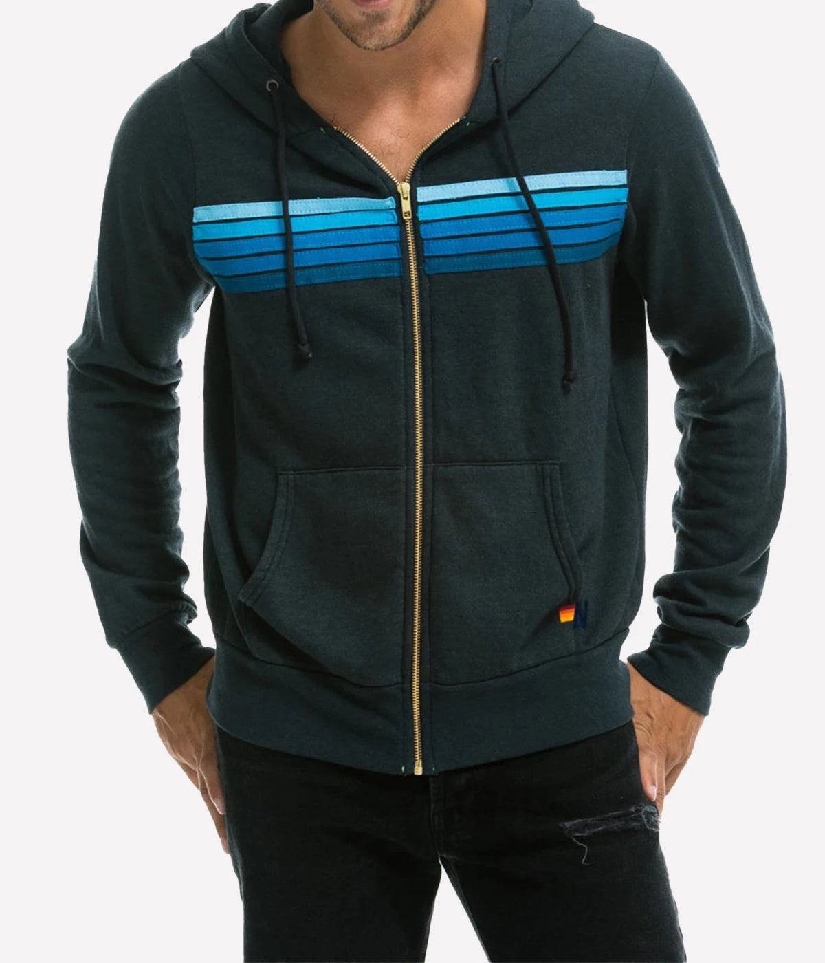 Aviator Nation 5 Stripe Hoodie in a polyester-cotton-rayon blend, featuring single-needle stitch work for a unique effect, made in Los Angeles