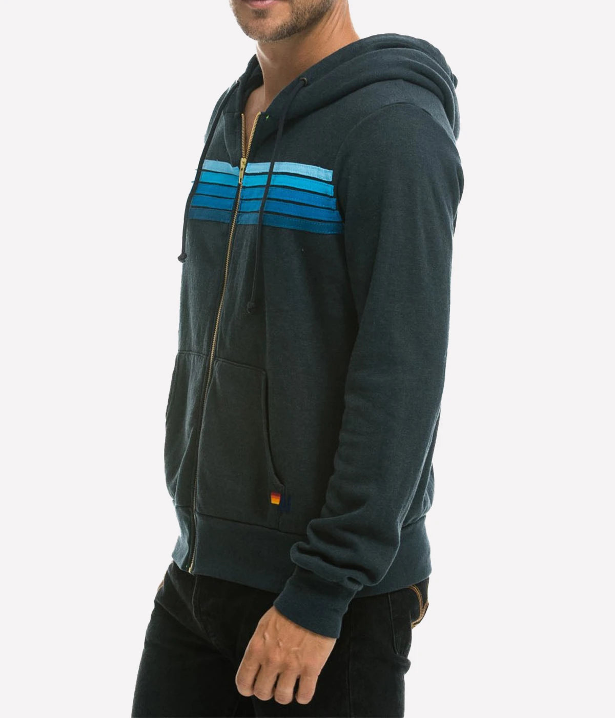 Aviator Nation 5 Stripe Hoodie in a polyester-cotton-rayon blend, featuring single-needle stitch work for a unique effect, made in Los Angeles