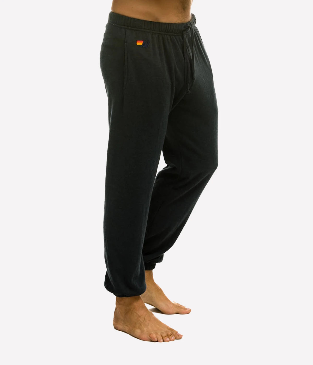Aviator Nation 5 Stripe Sweatpants with stitch work down the leg, made from a polyester-cotton-rayon blend, featuring single-needle stitch detail, made in Los Angeles