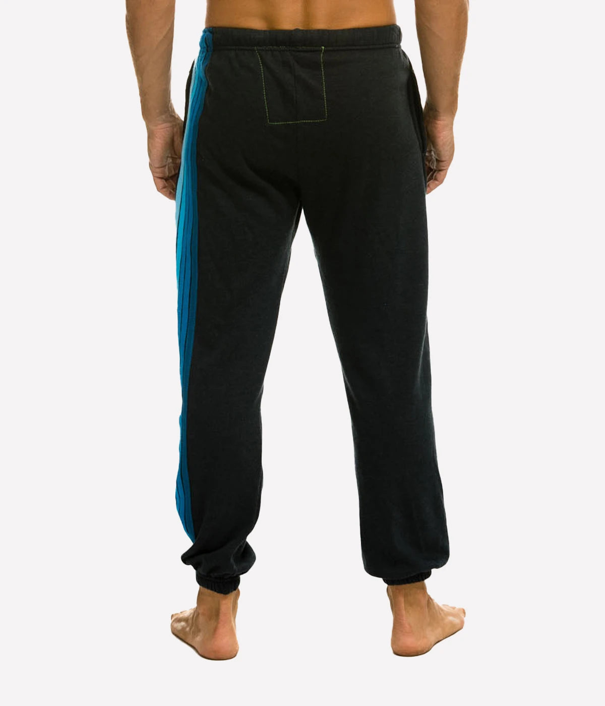 Aviator Nation 5 Stripe Sweatpants with stitch work down the leg, made from a polyester-cotton-rayon blend, featuring single-needle stitch detail, made in Los Angeles