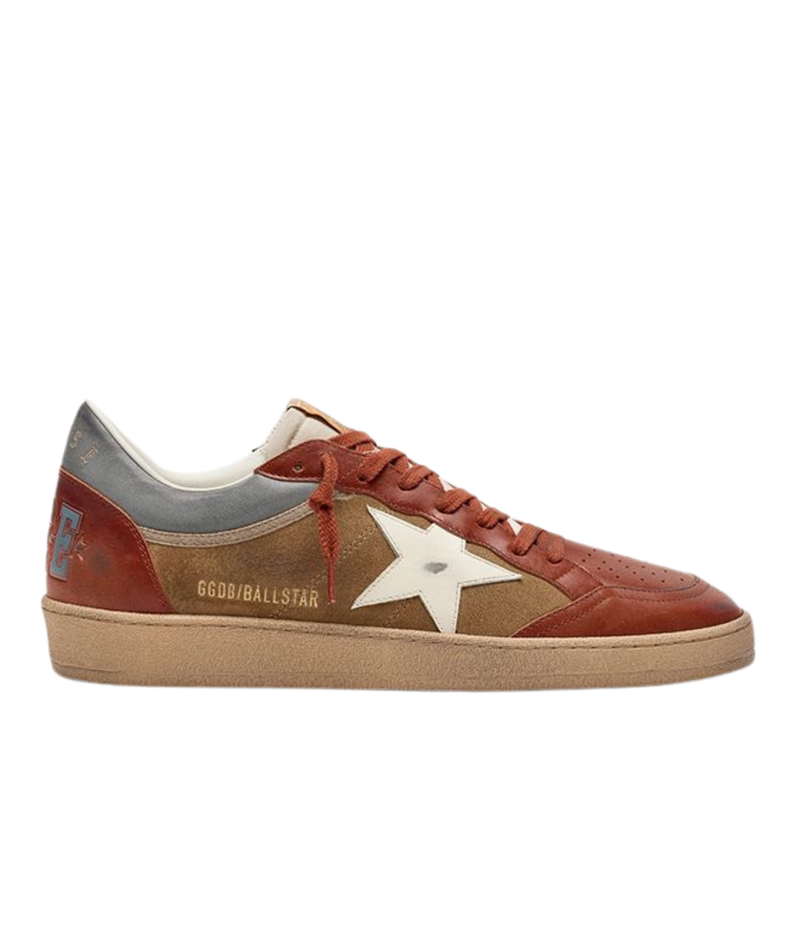 Golden Goose Ball Star low-top sneakers with a suede upper, leather toe and cream star in tobacco, brandy and beige tones, side profile.