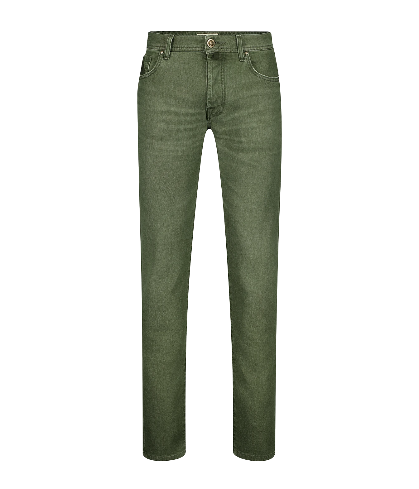 A pair of slim-fit jeans in olive green denim, shown flat against a solid white background.
