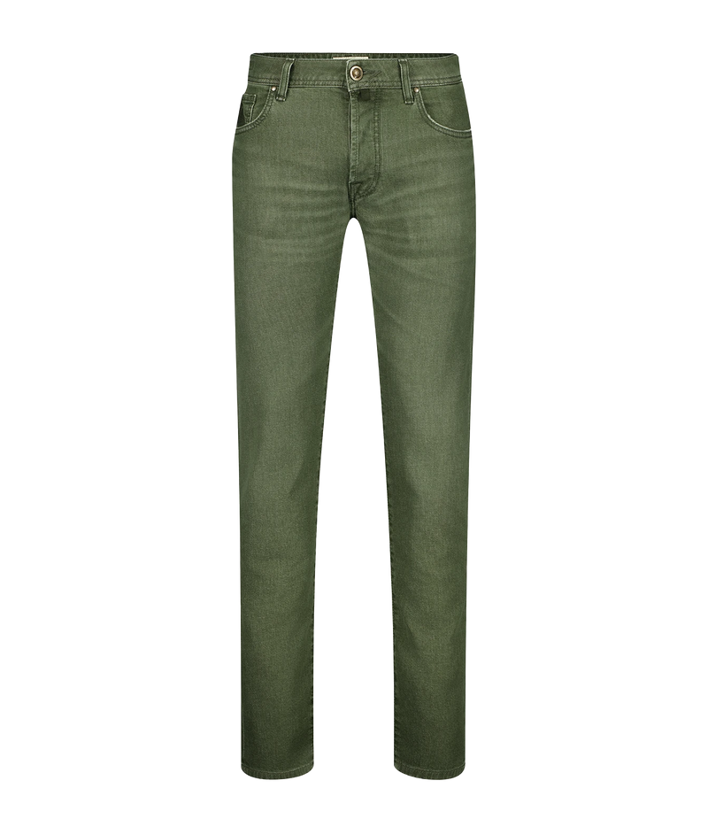 A pair of slim-fit jeans in olive green denim, shown flat against a solid white background.