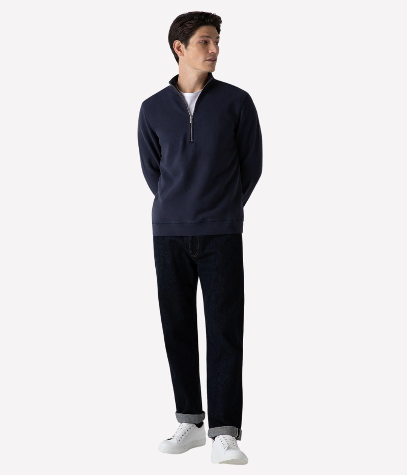 Navy Sunspel Loopback Half-Zip Sweatshirt with a relaxed fit, crafted from soft loopback fabric with insulating warmth and a sleek zip detail.