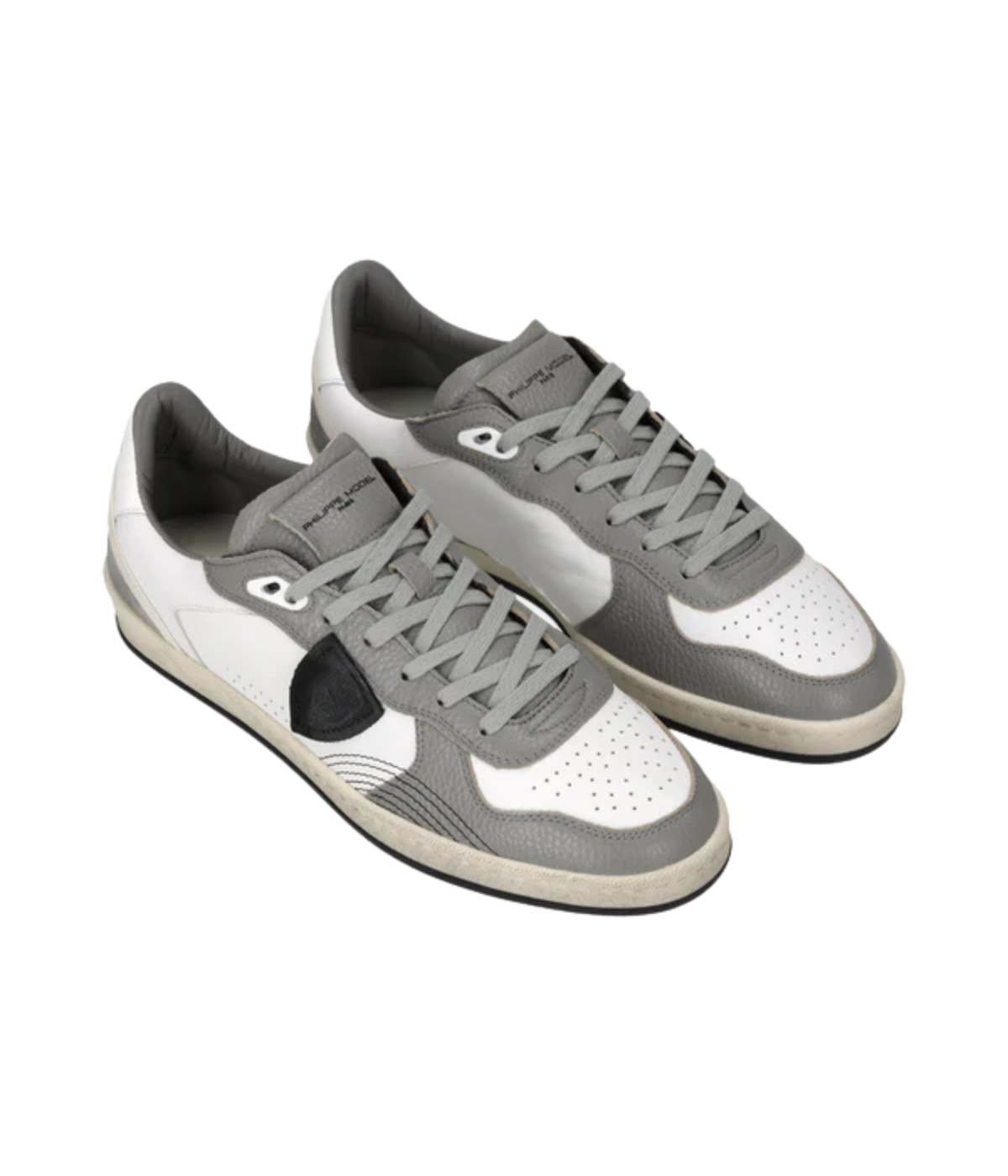 Philippe Model Pgal Low Man in Equipe Blanc Gris – Angled View Leather Low Top Sneakers