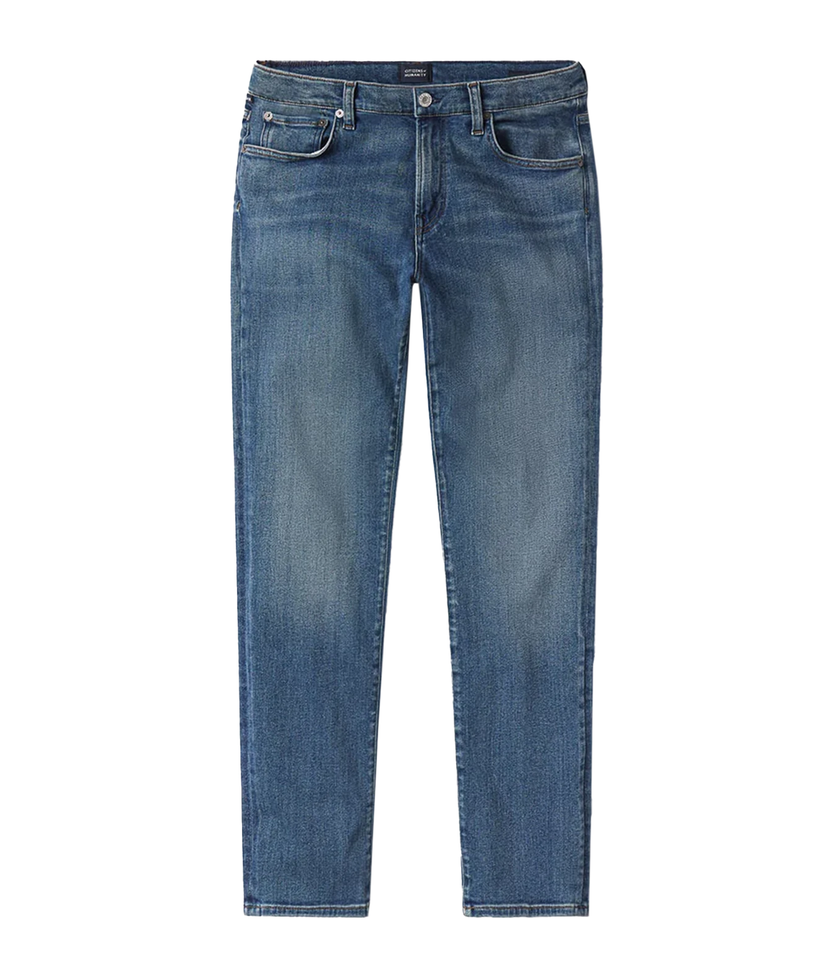 A pair of medium wash blue denim jeans shown flat against a solid white background.